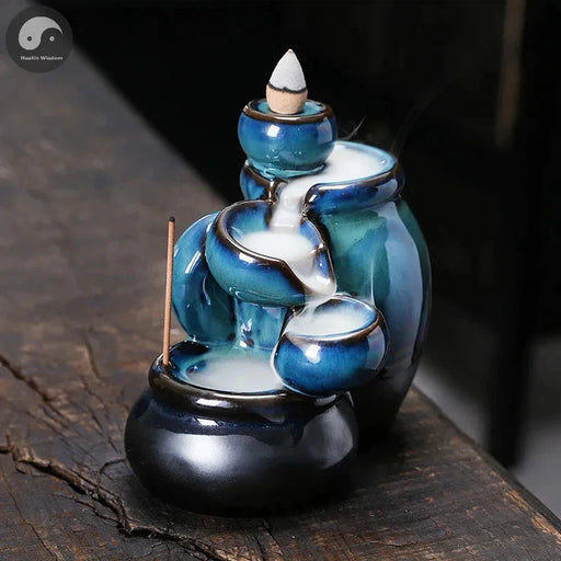 1pc, Wine Jar Type Ceramic Handicrafts Blue Waterfall Backflow Incense Burner Incense Stick Holder Censer Home Decor Ornament-Health Wisdom™