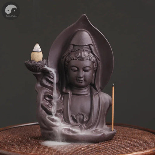 Purple Clay Avalokitesvar Handicrafts Buddha Waterfall Backflow Incense Burner Home Decor Incense Stick Holder Ceramic Censer-Health Wisdom™