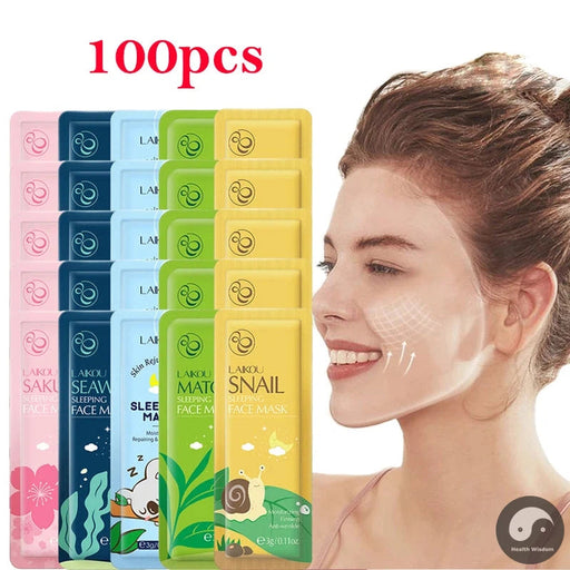 100pcs LAIKOU Sleeping Masks Facial Sakura Snail Seaweed Moisturizing Anti-Aging Whitening Face Mask Creams Masks Skin Care