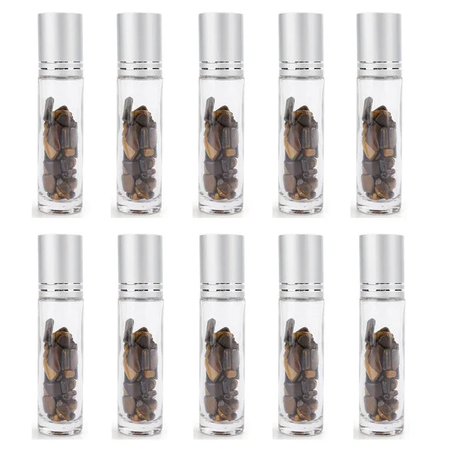 10pcs 10ml Roll On Bottles Natural Gemstone Essential Oil Roller Ball Bottles Transparent Perfumes Oil Liquid with Crystal Chips