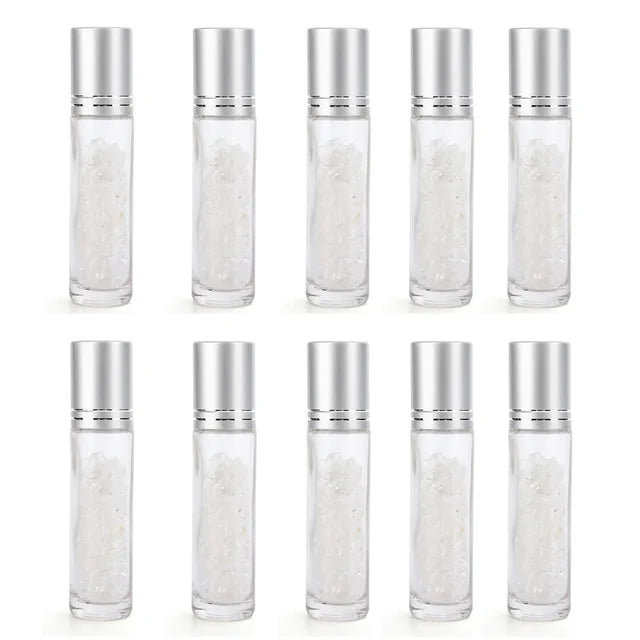 10pcs 10ml Roll On Bottles Natural Gemstone Essential Oil Roller Ball Bottles Transparent Perfumes Oil Liquid with Crystal Chips