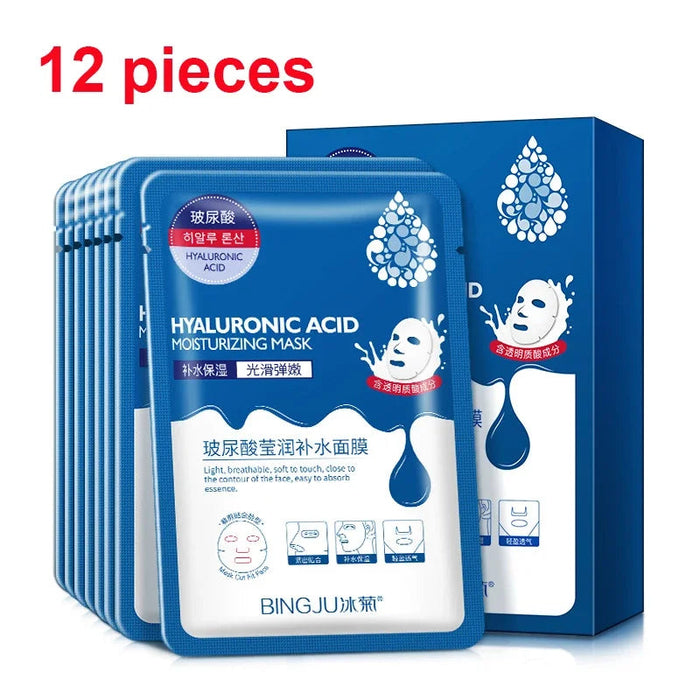 12 Pieces Hyaluronic Acid Facial Mask Sheet Pores Moisturizing Oil-Control Anti-Aging Replenishment Whitening Aloe Face Care
