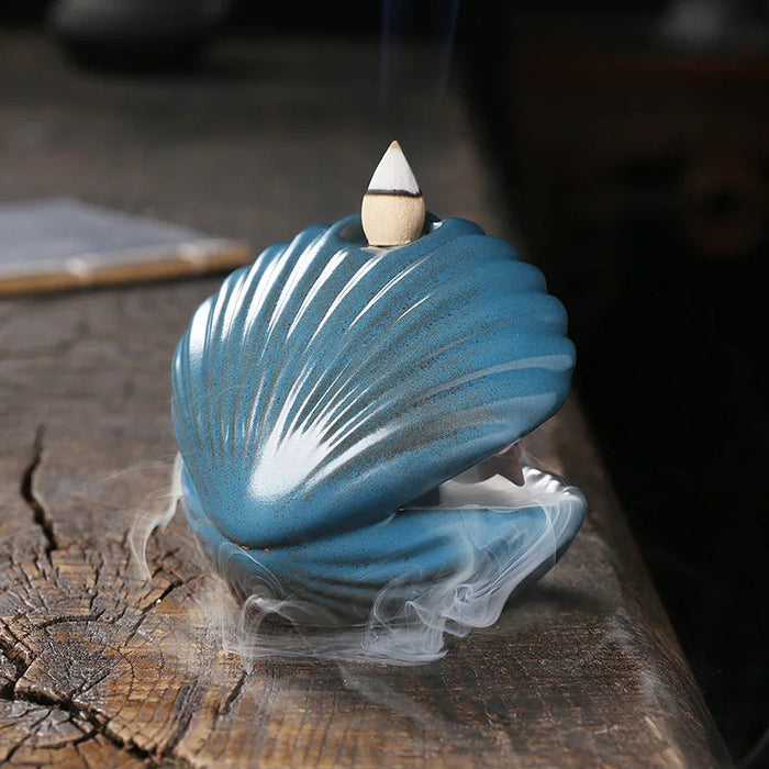 1pc Blue Shell Pearl Incense Burner Home Decor for Living Room Pearl In Shell with LED Light Desktop Mermaid Incense Burner-Health Wisdom™