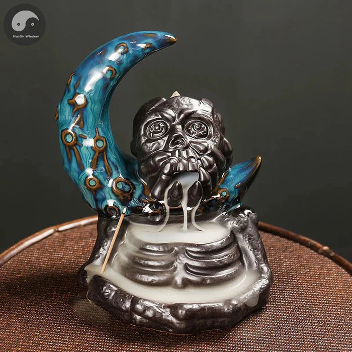 1pc Ceramic Backflow Incense Burner, Creative Moon and Halloween Skull Head Backflow Incense Holder Home Decor (Without Incense)-Health Wisdom™