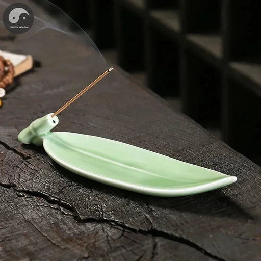 1pc, Ceramic Handicraft Home Ornaments Celadon Bamboo Leaf Incense Stick Holder (Without Incense)-Health Wisdom™