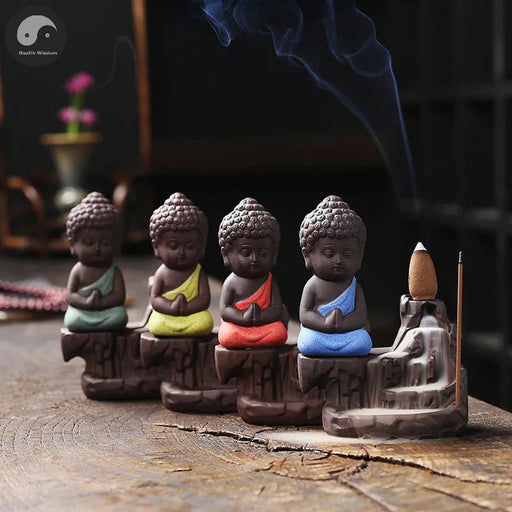1pc Ceramic Waterfall Incense Burner Cute Monk Backflow Incense Burner Bodhisattva Buddha Burner Home Decor (Without Incense)-Health Wisdom™