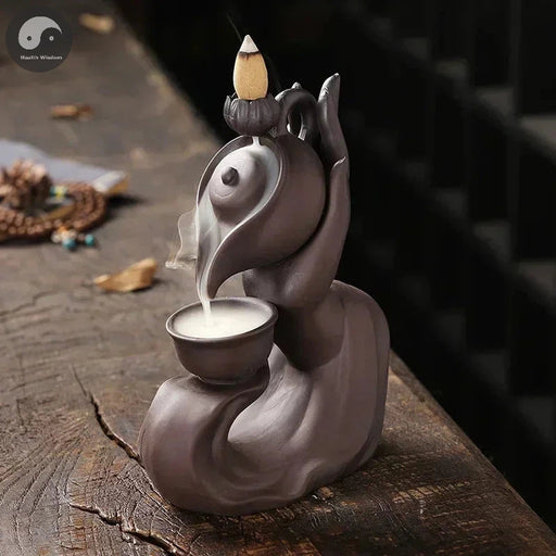 1pc, Handmade Purple Clay Handiwork Home Ornament Buddha Hand Tea Pot Design Zen Backflow Incense Burner (Without Incense）-Health Wisdom™