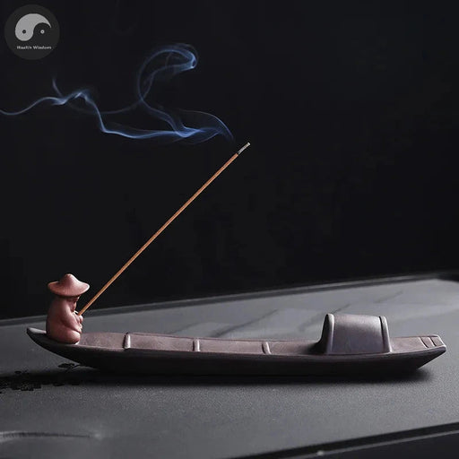 1pc Incense Stick Holder, Zen Meditation Purple Clay Fisherman Fishing Incense Stick Holder Home Decor (Without Incense)-Health Wisdom™