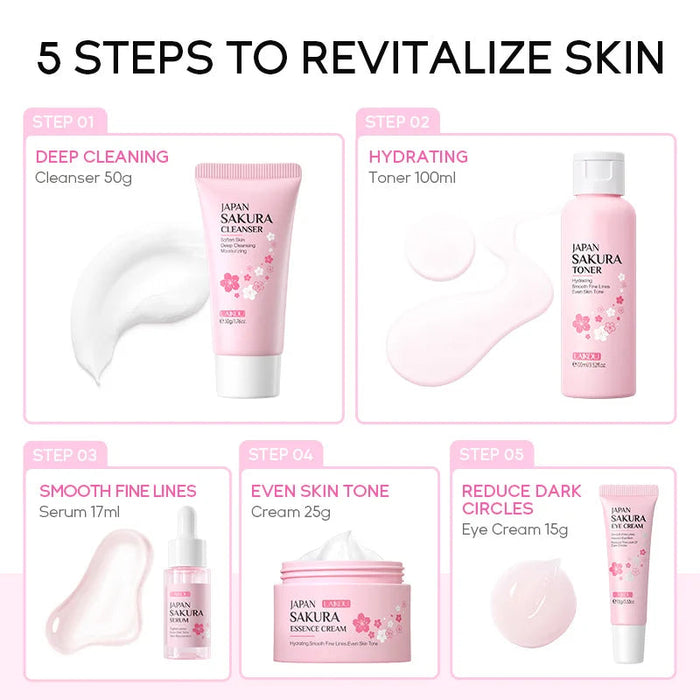 5pcs LAIKOU Sakura Vitamin C Skin Care Sets Facial Cleanser Face Eye Cream Serum Toner Moisturizing Anti-Aging Face Care Kit-Health Wisdom™
