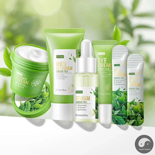 6pcs Green Tea Skin Care Sets Facial Cleanser Face Cream Serum Toner Sleeping Mud Masks Moisturizing Anti-Aging Face Care Kit