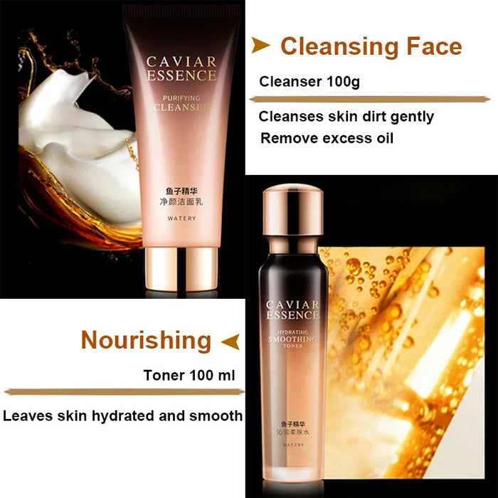 Caviar Antiwrinkle Moisturizing Hyaluronic Acid Facial Care Set Toner Antiaging Cleansing Brightening Eye Cream Skin Care Set-Health Wisdom™