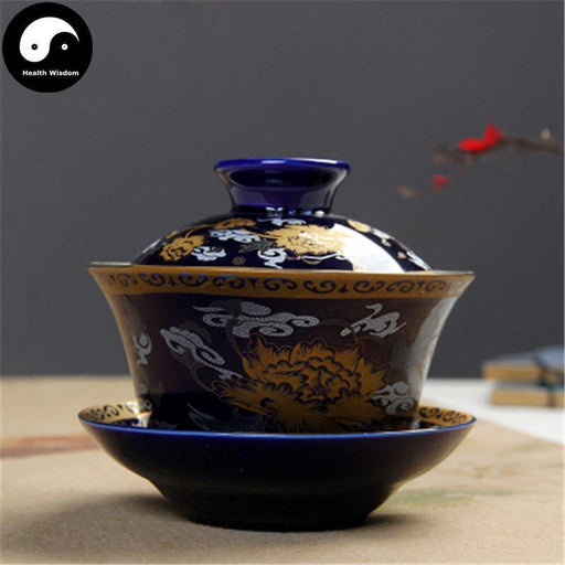 Ceramic Gaiwan Tea Cup 200ml 盖碗,Blue Peony-Health Wisdom™