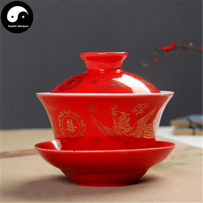 Ceramic Gaiwan Tea Cup 200ml 盖碗,Red Phoenix