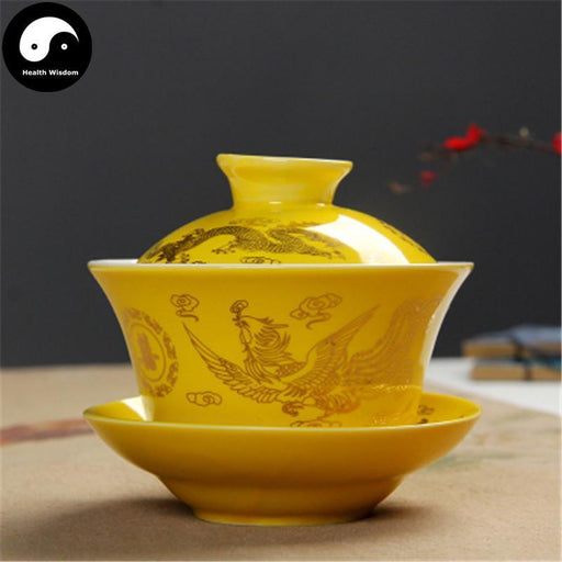 Ceramic Gaiwan Tea Cup 200ml 盖碗,Yellow Phoenix-Health Wisdom™