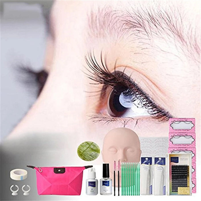 False Eyelash Extension Training Kit Makeup Practice Model Head Eye Pads Tweezers Glue Ring Brush Grafting Eyelash Tools Set