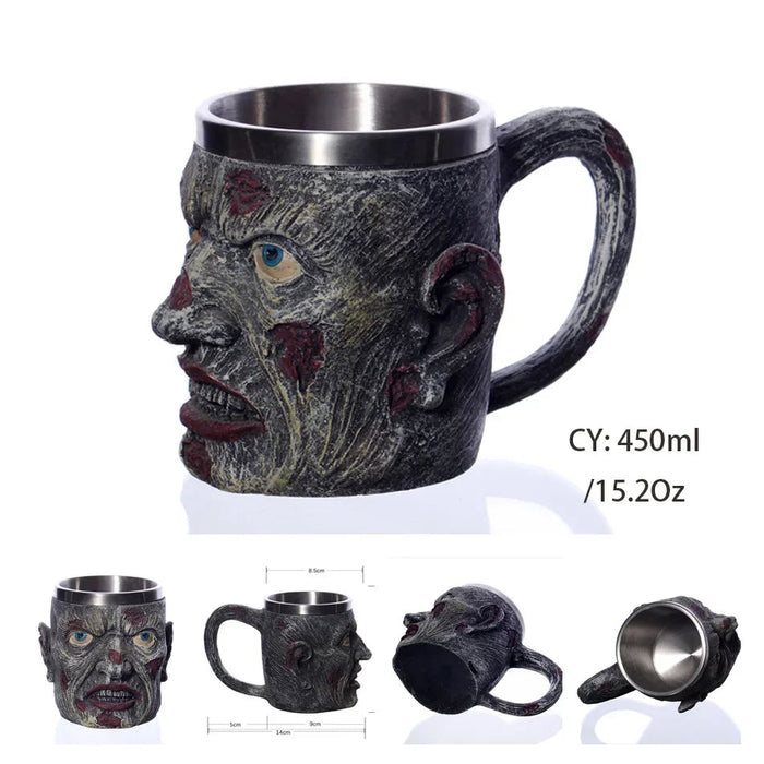 Medieval Dragon Resin Stainless Steel Beer Mug 600ml Retro Tankard Skull Coffee Cup Tea Mug Tumbler Pub Bar Decor