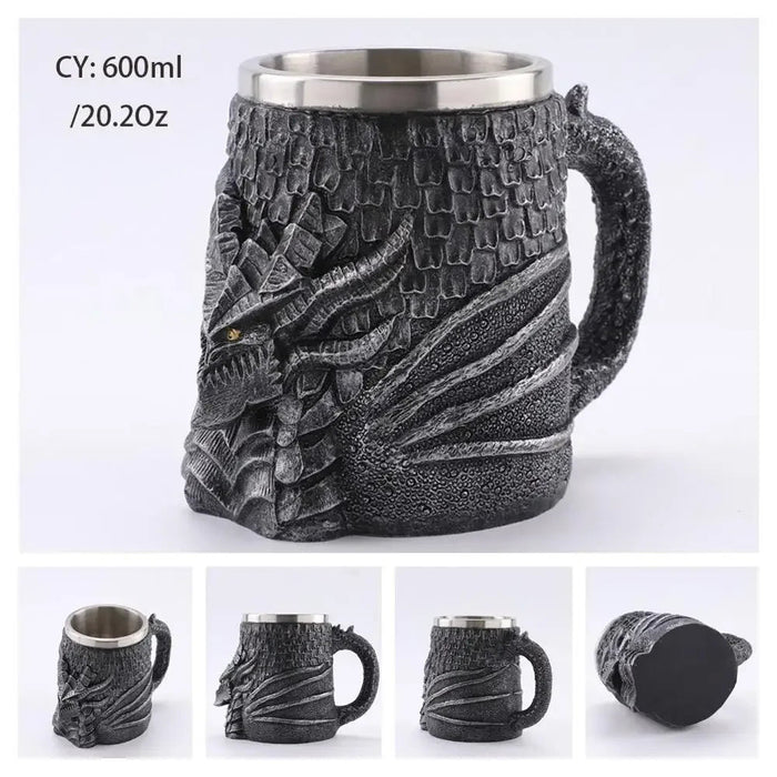Medieval Dragon Resin Stainless Steel Beer Mug 600ml Retro Tankard Skull Coffee Cup Tea Mug Tumbler Pub Bar Decor
