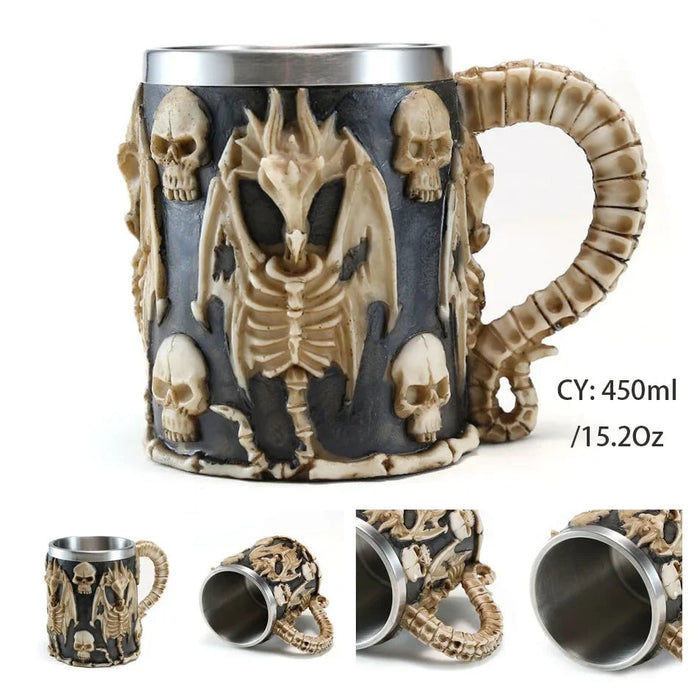 Medieval Warrior Resin Stainless Steel Beer Mug Knight Stein Retro Tankard Creative Coffee Cup Viking Tea Mug Pub Bar Decoration