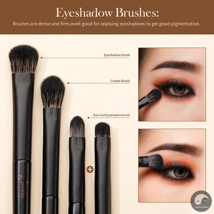Perfect Eyeshadow Brushes Set 10pcs Eye Brush Shadow Blending Flat Liner Crease Duo-end Brow Spoolie Broach, Elegant Black T337