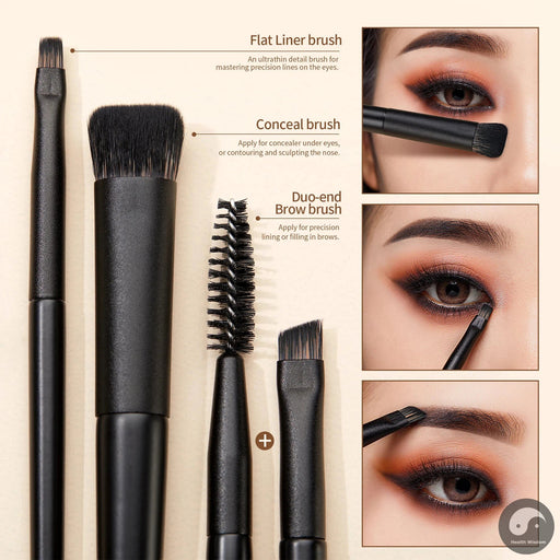 Perfect Eyeshadow Brushes Set 10pcs Eye Brush Shadow Blending Flat Liner Crease Duo-end Brow Spoolie Broach, Elegant Black T337-Health Wisdom™