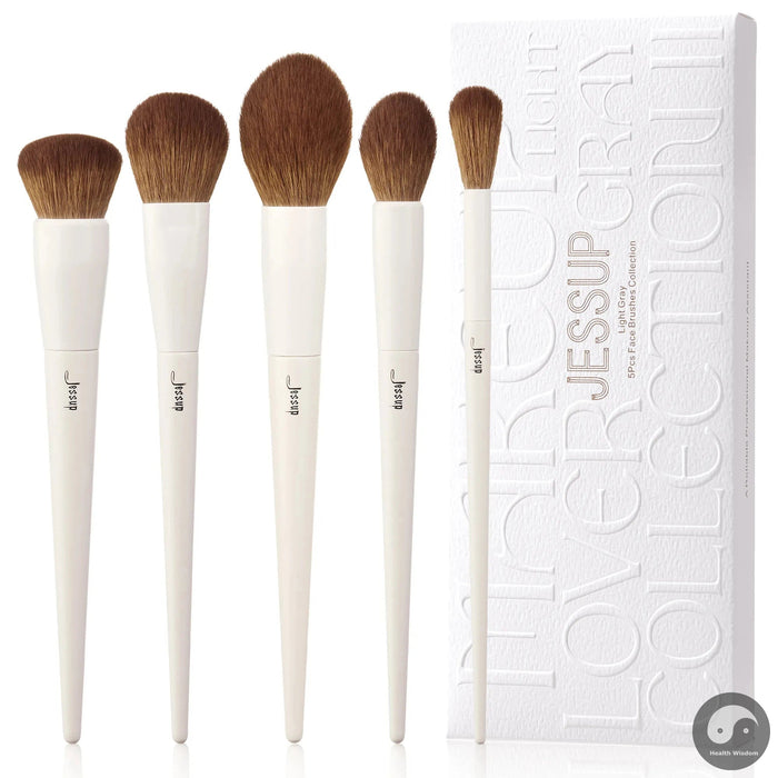 Perfect Face Brushes set 5Pcs Makeup Brushes Vegan Foundation Blush Bronzer Brush Contour Fluffy Setting Powder, Light Grey T493