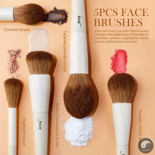 Perfect Face Brushes set 5Pcs Makeup Brushes Vegan Foundation Blush Bronzer Brush Contour Fluffy Setting Powder, Light Grey T493-Health Wisdom™
