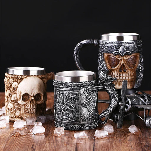 Retro Dragon Resin Stainless Steel Beer Mug Skull Knight Tankard Halloween Coffee Cup Creative Viking Tea Mug Pub Bar Decoration