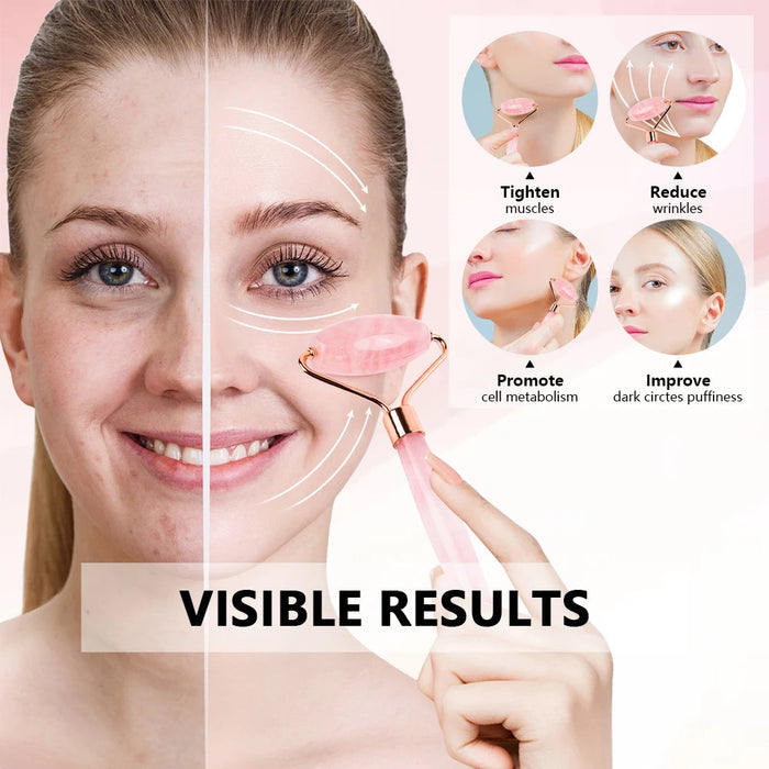 Rose Quartz Face Massager Jade Roller Gua Sha Scraper Set Facial Roller Natural Stone Massage Tool for Skin Care Face Lifting