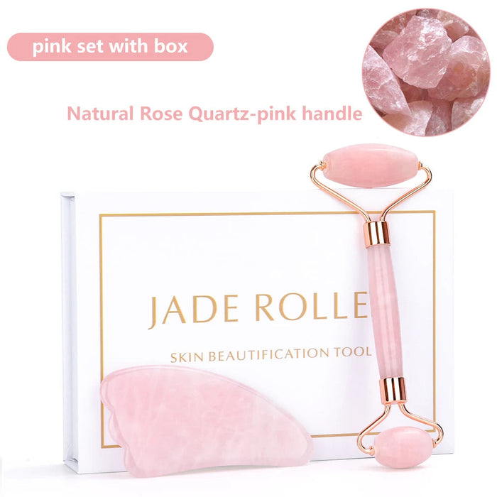 Rose Quartz Face Massager Jade Roller Gua Sha Scraper Set Facial Roller Natural Stone Massage Tool for Skin Care Face Lifting