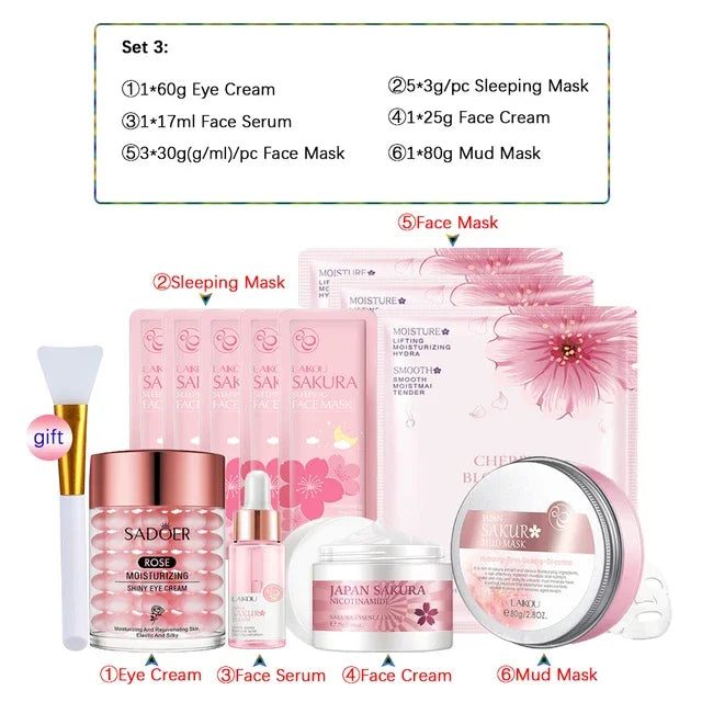 Sakura Skincare Set 24K Gold Facial Products Kit Moisturizing Mask Anti Wrinkles Cream Face Beauty Health Care Product for Women