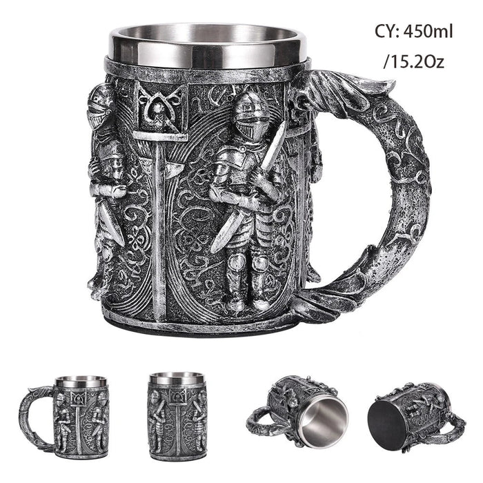 Silver Skull Dragon Resin Stainless Steel Beer Mug 450ml Coffee Cup Retro Tankard Creative Viking Tea Mug Pub Bar Decoration