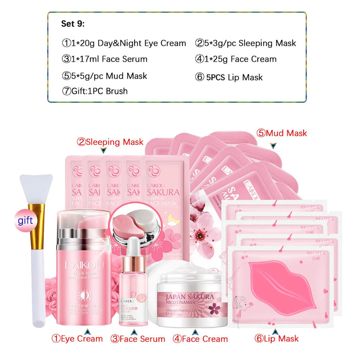 Skincare Product Sakura Set Whitening Cream 24k Serum Skin Care Kit Face Mask Facial Products Kit Face Care Women Beauty Health-Health Wisdom™