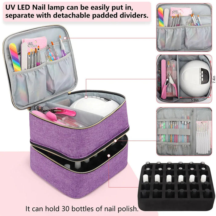 Storage Double-Layer Nail Tools Nail Polish Carrying Case Nail Organizers and and Dryer Case Holds 30 Various Size Bottles